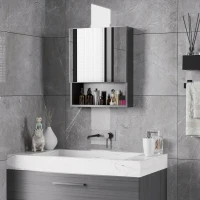 kleankin Bathroom Medicine Cabinet, Wall-Mounted Mirror Cabinet with Single Door, Storage Shelves and Stainless Steel Frame for Laundry Room, Black(m-7)