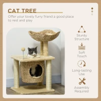 PawHut Mały Drapak dla Kota, 74 cm Wysokości, z Jaskinią dla Kota, Kulą do Zabawy, Niebieskim Kocykiem i Drapakiem, dla Kotów do 5 kg, Beżowy(m-4)