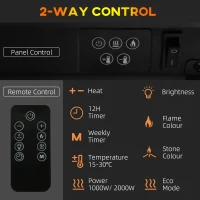 HOMCOM Elektryczny kominek, ścienный kominek z ogrzewaniem 2000 W, efekt płomieni LED 3D, kryształy, w 11 kolorach z 3 poziomami jasności, Elektryczny kominek z pilotem, timerem, montaż ścienny, biały(m-5)