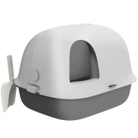 PawHut Cat Litter Box with Lid, Cat Litter Tray with Internal Channel, Door, Front Opening, Scoop, Easy Clean Hooded Cat Litter Box, Light Grey(m-1)