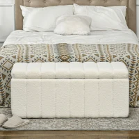 Ławka HOMCOM z miejscem do przechowywania, Ławka tapicerowana wzorem Teddy, Ławka do sypialni z drewnianymi nogami, Ławka do przedpokoju, sypialni, salonu, 102 x 45 x 46 cm, Kremowobiały(m-7)