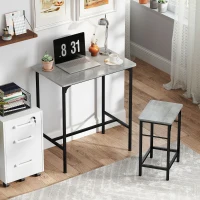 HOMCOM 3 Piece Breakfast Bar Table Set, Industrial Counter Height Table and 2 Bar Stools with Steel Frame for Kitchen, Dining Room, Living Room, Grey(m-9)