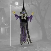 Outsunny 183 cm Wisząca Czarownica na Halloween z LED, Funkcją Dźwiękową, Dekoracja Drzwi z Regulowanymi Ramionami, Figura Ogrodowa w Naturalnej Wielkości na Imprezę(m-3)