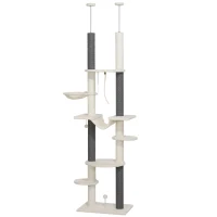 PawHut Cat Tree Tower, Floor to Ceiling Cat Tree Adjustable Height 225-255cm, 7 Tier Cat Tower with Scratching Posts, Hammock, Perches, Toy Balls, Rope Cat Toy, for Indoor Cats, White(m-10)