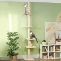 PawHut Floor to Ceiling Cat Tree, 225-275cm 5 Tier Cat Tower with Scratching Post, Hand Crank, Anti-tip Kit, Tall Cat Tree for Indoor Cats, Kittens, Cream White(m-2)
