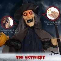 HOMCOM 190cm 75" Witch with Broomstick Outdoor Halloween Decoration, Halloween Animatronic with Sound Activated, Light Up Eyes, Sound Effects, Animated Prop for Haunted House(m-6)