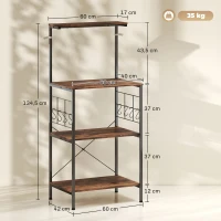 Półka kuchenna HOMCOM, wolnostojąca z 8 hakami, 2 półkami, panele metalowe, rustykalny brąz, 60 x 42 x 134,5 cm(m-3)