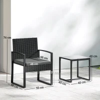 Outsunny Salon de jardin extérieur en résine tressée 2 personnes, table de jardin avec 2 chaises, plateau en verre trempé, noir(m-3)