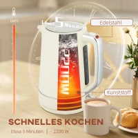 HOMCOM Zestaw Czajnik Toster 2200 W 1,7L Czajnik, Toster na 2 kromki, 6 stopni opiekania, Podgrzewanie i Rozmrażanie, Zestaw śniadaniowy z filtrem kalkowym i tacką na okruchy, Beżowy(m-4)