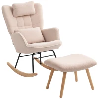 HOMCOM Rocking Chair with Footstool, Sherpa Fleece Armchair with Wooden Legs and Pillow, High Backrest Lounge Chair for Adults, Nursery, Living Room, Bedroom, Beige(m-1)