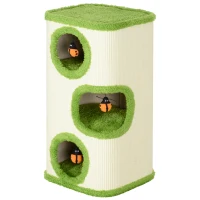PawHut 76cm Cat Barrel Tower, 3 Story Cat Condo with Sisal Scratching Pad, Toy Ladybugs, Barrel Shaped Cat House Covered in Soft Plush, Green(m-1)