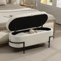 HOMCOM Storage Ottoman, Storage Bench with Lift-Up Lid and Steel Legs, Footstool, Footrest, 69L, Sherpa Fleece Surface, for Bedroom, Hallway, Living Room, 114.5 x 40 x 48 cm, Cream(m-2)