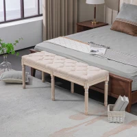 HOMCOM End of Bed Bench, French Vintage Linen Upholstered Bench with Button Tufted, Thick Padding and Wood Legs, Bedroom Bench for Hallway, Living Room, Beige(m-2)