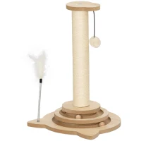 PawHut Cat Scratching Post, 49cm Cat Scratcher with Sisal Post, Interactive Track Ball Toy, Hanging Toy Ball, Feather, 4 in 1 Small Kitten Cat Scratch Post, Oak(m-1)