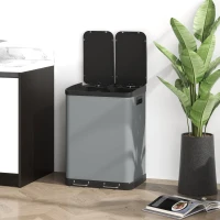 HOMCOM Dual Kitchen Bin, 2 x 30L Pedal Bin, Metal Double Rubbish Bin with Soft Close Lid, Removable Inner Buckets, Fingerprint-Proof for Recycling and Waste, Grey(m-8)
