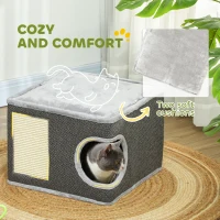 PawHut Cat Condo with 2 Cushions, Cat Tower with Top Bed, Scratching Pad, Toy Ball, Small Cat Tree for Large Adult Cat, Charcoal Grey(m-6)