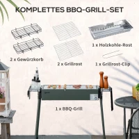 Outsunny Grill węglowy, Anti-Rutsch Camping Grill z rusztem, Zaczep do rusztu, Kosze boczne do ogrodu, BBQ Stal Nierdzewna + Ocynek Metal Zielony 77 x 30 x 70 cm(m-4)