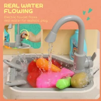 Kuchnia zabawkowa AIYAPLAY z bieżącą wodą, 85-elementowe akcesoria, elektryczny kran, światła, dźwięki, dla dzieci w wieku 3-6 lat, plastik, zielona(m-5)