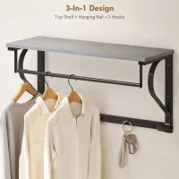 HOMCOM Wieszak ścienny z półką, 5 haczyków i drążkiem, 70 cm, do przedpokoju, salonu, sypialni, łazienki, szary(m-4)