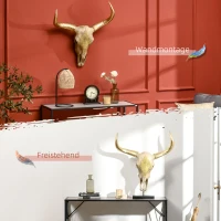HOMCOM Dekoracja Ścienna Czaszka Byka z Tworzywa Sztucznego Dekoracja Stołowa Byk Czaszka Głowa Byka Czaszka Styl Modernistyczny do Sypialni Salonu z Liśćmi Złota 70 x 17 x 83 cm(m-4)