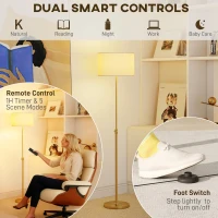 HOMCOM Lampa podłogowa do salonu, regulowana, z abażurem z lnu, tryby sceniczne, E27, regulowana wysokość, z timerem, 3 temperatury barwowe, przełącznik nożny, pilot, lampa stojąca do sypialni, biura(m-5)