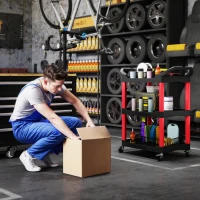 Wózek warsztatowy HOMCOM z 3 półkami, Wózek narzędziowy z uchwytami, Otwory na narzędzia, Wózek montażowy do garażu, Magazynu, Maks. 91 kg, Czerwony+Czarny(m-7)