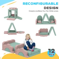 AIYAPLAY Piankowe Klocki dla Dzieci 12 Sztuk do Wspinaczki, Miękkie Klocki z Basenem z Piłeczkami, Zestaw Dużych Klocków, Różowo-Zielone(m-4)