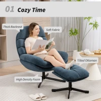 HOMCOM Fotel Relaksacyjny z Podnóżkiem, Niebieski, Wypoczynkowy Fotel z Materiału Chenille, Nowoczesny do Telewizji, z Podłokietnikami do Salonu, Sypialni(m-4)