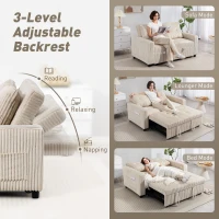 Sofa HOMCOM, 2-osobowa, 157 x 190 cm z funkcją spania, regulowane oparcie, sofa z poduszkami, wykończenie kordem, sofa z funkcją spania z uchwytami na kubki i bocznymi kieszeniami, kremowa(m-5)