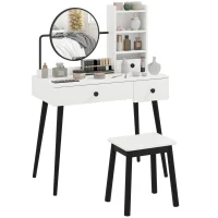 HOMCOM Dressing Table Set with Mirror and Stool, Vanity Makeup Table with 3 Drawers and Open Shelves for Bedroom, Living Room, White(m-10)