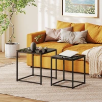 HOMCOM zestaw 2 stolików pomocniczych, stoliki kawowe, stolik do kawy ze szklaną blatą, kwadratowe stoliki do salonu, sypialni, stal, czarny(m-2)