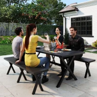 Outsunny Zestaw do Piwnego Ogródka, 3 częściowy, z Stołem, 2 Ławkami, Otworem na Parasol, Meble Ogrodowe z Wyglądem Drewna na Taras, Balkon, 180 x 80 x 73 cm, Czarny(m-2)