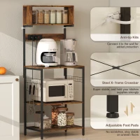 HOMCOM Regał Kuchenny, Wolnostojący Regał z 5 Hakami S, 5 Półkami, Gniazdkami, USB, Bar Kawiarniany z X-Brace, Stalowy, Rustykalny Brąz, 60 x 42 x 153 cm(m-7)
