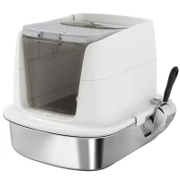 PawHut Stainless Steel Litter Box with Lid, Large Hooded Cat Litter Tray with Front-Entry and Top-Exit, Scoop, Deodoriser Bag, Non-Sticky, Odour Control and Easy Clean, White(m-1)