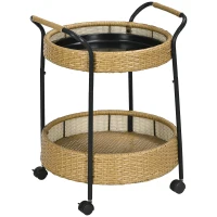 Outsunny Wózek Serwisowy Rattan Trolley z 2 Półkami, Wózek ogrodowy, Okrągły Wózek Kuchenny z Uchwytami, Wózek Barowy na Balkon, Konstrukcja ze Stali, Naturalny, Φ50 x 66 cm(m-1)