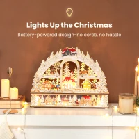 HOMCOM Wioska Świąteczna z Oświetleniem LED, 45 cm Miasteczko Świąteczne z Bałwanem, Reniferem i Drzewami, Wygląd Naturalnego Drewna, Zimowy Krajobraz na Boże Narodzenie(m-5)