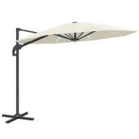 Outsunny 3(m) Cantilever Garden Parasol with Solar Powered Lights, Crank Handle & Cross Base, UPF 50+, 360° Rotation, Cream(m-1)