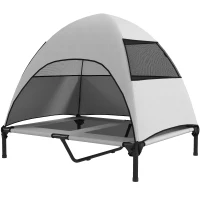 PawHut Elevated Dog Bed with Removable Canopy, Pet Bed with Storage Bag for Indoor Outdoor, for Medium Large Dogs, 91 x 76 x 90 cm, Light Grey(m-10)