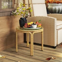 Outsunny Rattan Side Table, Round Outdoor Coffee Table, with Round Glass Tabletop for Patio, Garden, Balcony, Yellow(m-7)
