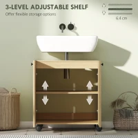 Szafka pod umywalkę HOMCOM z kółkami, drzwi z funkcją Soft-Close, regulowana półka, 60 x 39,8 x 62 cm, drewno naturalne(m-5)