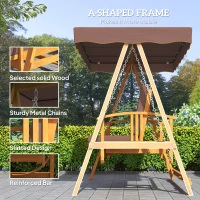 Outsunny Hollywoodschommel met zonnekap echt houten tuinschommel Schommelbank Schommel met ligfunctie van larikshout voor 3 personen(m-6)