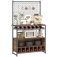 HOMCOM Kitchen Bakers Rack with Wine Storage, 96.5 cm Microwave Stand with Metal Wire Panels and 5 Hooks, Coffee Bar Station, Kitchen Storage Shelf for Spices, Pots and Pans, Rustic Brown(m-11)