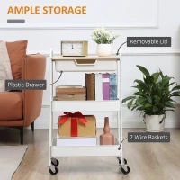 HOMCOM Wózek na 3 Poziomy, Wózek Serwisowy z Uchwytem, Regał Kuchenny na Kółkach z Półką, Szufladą, 2 Półkami, Wózek Kuchenny, Wózek do Kuchni, Łazienki, Salonu, Biura, Biały(m-4)