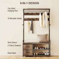 Stojak HOMCOM na ubrania z ławką, 10 regulowanych haków, półka na buty, szuflada, rama metalowa, design industrialny, do przedpokoju, salonu, sypialni, rustykalny brąz, wysokość 180 cm(m-4)