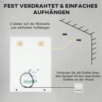 kleankin Lustro łazienkowe z oświetleniem LED, 3 kolory światła, funkcja anty-parowanie, zasilane kablem, 70 x 50 cm(m-9)