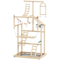 PawHut Parque de Juegos para Pájaros Soporte de Madera para Pájaros con Escaleras Columpio Cadena Bandeja Comederos