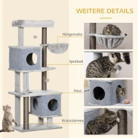 PawHut Drapak 142W cm Drzewo dla Kotów z 4 Poziomami, Domkiem dla Kotów, Platformami, Kulą do Zabawy, Drapakiem z Sisalem, Zabezpieczeniem Przed Przewróceniem, Plusz Szary(m-5)
