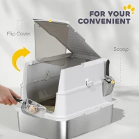 PawHut Kuweta dla kota XL, ze stali nierdzewnej z odchylanym pokrywą, łopatka do żwiru, kuweta z workiem dezodorującym, do kotów do 15 kg, jasnoszara(m-7)