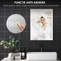 HOMCOM Oglindă de Baie cu Lumină LED în 3 Culori și Funcție Memorie, din Sticlă Temperată, 70x50x3 cm, Argintiu(m-6)