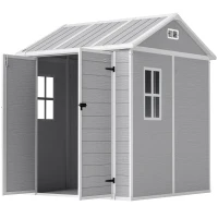 Outsunny 6 x 6ft Garden Shed, Plastic Shed with Floor, Window, Lockable Doors and Vents, Resin Tool Shed for Outdoor Patio, Grey(m-10)